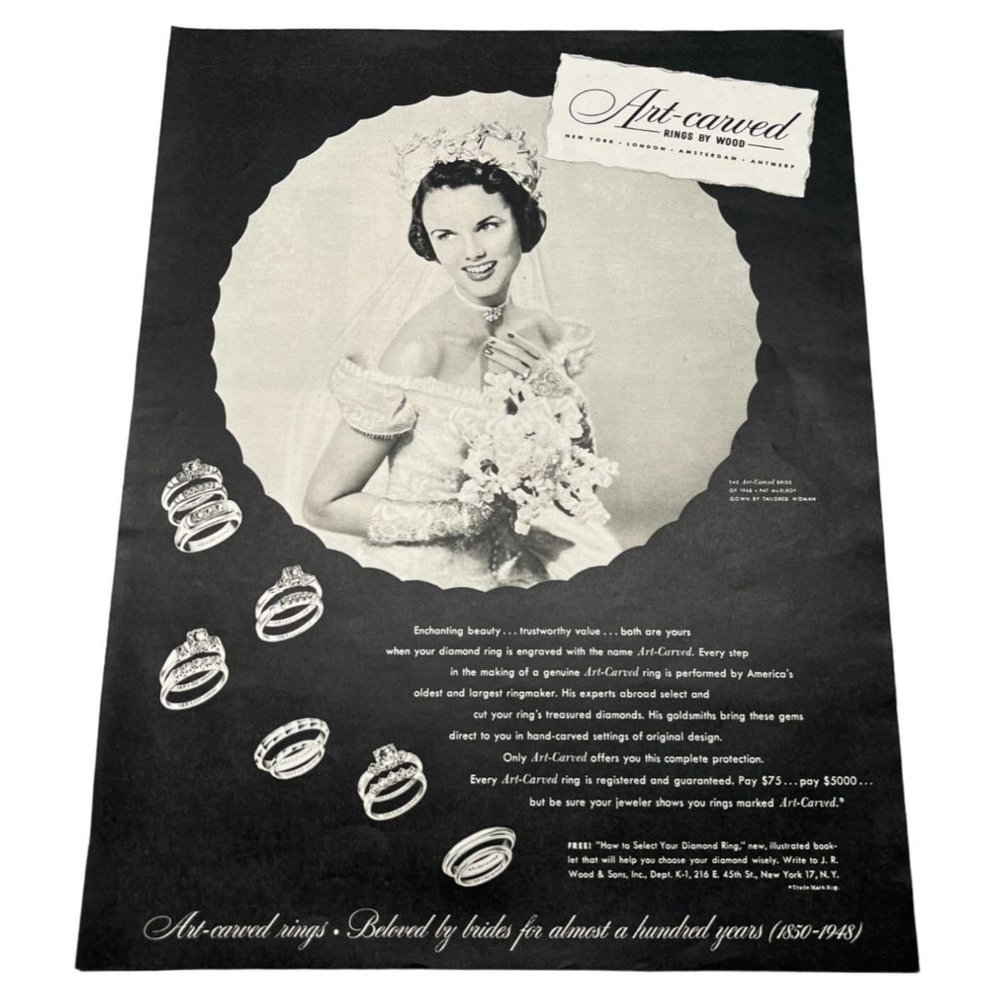 1948 Art Carved Rings by Wood Vtg Print Ad Pat McElroy Bridal Jewelry Wedding